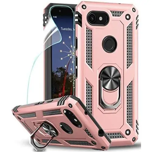Google Pixel 3a Case (Not fit 3a XL) With HD Screen Protector, LeYi [Military-Grade] Armor Full-Body Dual Layer Protective Phone Case with Rotating Holder Kickstand for Google Pixel 3a, JSFS Rose Gold
