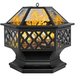 Bonnlo 24-Inch Outdoor Fire Pit with Mesh Screen and Poker Hex Shaped Metal Wood Burning Bonfire Pit for Outdoor Camping Patio Backyard Garden - 8”Deep Bowl