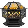 Bonnlo 24-Inch Outdoor Fire Pit with Mesh Screen and Poker Hex Shaped Metal Wood Burning Bonfire Pit for Outdoor Camping Patio Backyard Garden - 8”Deep Bowl