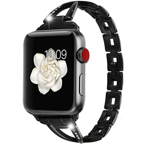 for Apple Watch 42mm 44mm Accessories Bands, Huishang Stainless Steel Band iWatch Wrist Straps with Crystal Rhinestone Diamond for Apple Watch Series 4 3 2 1 Edition Version (Metal Black 42 44mm)