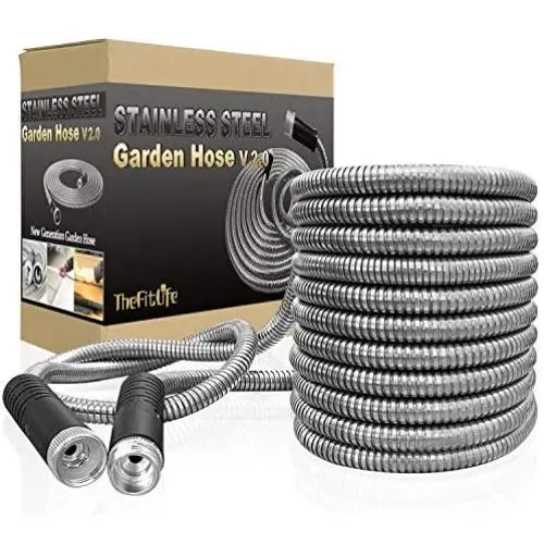TheFitLife Flexible Metal Garden Hose - Newest Leak and Break Resistant Design, Stainless Steel Water Hose with Upgrade Solid Metal Fittings, Lightweight Kink Free Durable Easy Storage (100 FT) TheFitLife Flexible Metal Garden Hose - Newest Leak and Break Resistant Design, Stainless Steel Water Hose with Upgrade Solid Metal Fittings, Lightweight Kink Free Durable Easy Storage (100 FT)