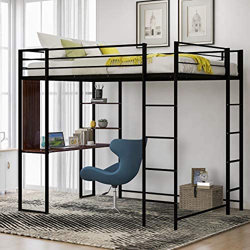 Metal Loft Bed with Desk and 2 Shelves, Twin/Full Loft Bed Frame for Kids (Full, Black)