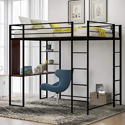 Metal Loft Bed with Desk and 2 Shelves, Twin/Full Loft Bed Frame for Kids (Full, Black) Metal Loft Bed with Desk and 2 Shelves, Twin/Full Loft Bed Frame for Kids (Full, Black)