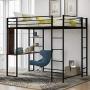 Metal Loft Bed with Desk and 2 Shelves, Twin/Full Loft Bed Frame for Kids (Full, Black)