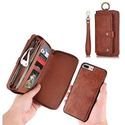 JAZ iPhone 8 Wallet Case / iPhone 7 Wallet Case - Multi-Function Wristlets Zipper Purse Detachable Magnetic 14 Card Slots Money Pocket Clutch Leather Wallet Case for Apple iPhone 8 / 7 / 6S / 6 Brown