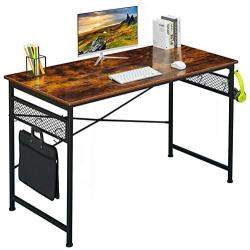 Alecono Simple Computer Desk with 8 DIY Hooks Writing Desk Home Office Desk with Strong Black Metal Frame Suitable for Home or Office Industrial Style 47'' Caramel