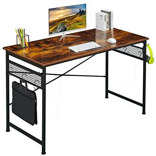 Alecono Simple Computer Desk with 8 DIY Hooks Writing Desk Home Office Desk with Strong Black Metal Frame Suitable for Home or Office Industrial Style 47'' Caramel