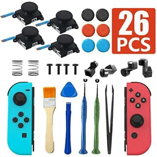 Joycon Joystick Replacement(4 Pack), Switch Analog Stick Parts for Switch Joycon, Joycon Repair Kit Include 4 Thumb 3D Sticks, 4 Metal Buckles, 2 Screwdriver, Pry Tool, 6 Thumbstick Grips