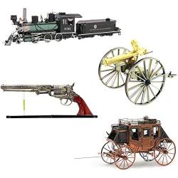 Fascinations Metal Earth 3D Metal Model Kits Wild West Set of 4 - Revolver - Stagecoach - Gatling Gun - 2-6-0 Locomotive