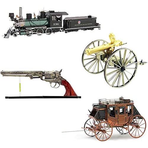 Fascinations Metal Earth 3D Metal Model Kits Wild West Set of 4 - Revolver - Stagecoach - Gatling Gun - 2-6-0 Locomotive
