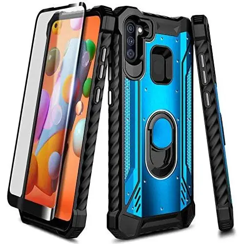 E-Began Case for Samsung Galaxy A11 with Tempered Glass Screen Protector (Full Coverage), Aluminum Magnetic Metal Built-in Ring Holder, Full-Body Protective Shockproof Military Case -Blue E-Began Case for Samsung Galaxy A11 with Tempered Glass Screen Protector (Full Coverage), Aluminum Magnetic Metal Built-in Ring Holder, Full-Body Protective Shockproof Military Case -Blue