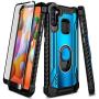 E-Began Case for Samsung Galaxy A11 with Tempered Glass Screen Protector (Full Coverage), Aluminum Magnetic Metal Built-in Ring Holder, Full-Body Protective Shockproof Military Case -Blue