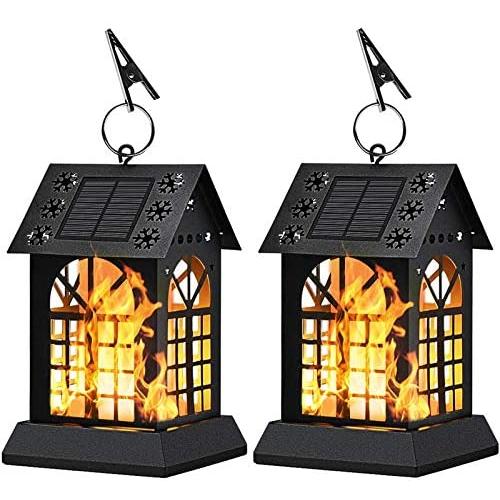 Solar Lanterns - Solar Lights Metal Flickering Flame Hanging Solar Lights Waterproof Umbrella LED Flame Lights Hanging Lamps for Garden Patio Pathway Deck Yard (2 Pack)