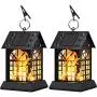 Solar Lanterns - Solar Lights Metal Flickering Flame Hanging Solar Lights Waterproof Umbrella LED Flame Lights Hanging Lamps for Garden Patio Pathway Deck Yard (2 Pack)