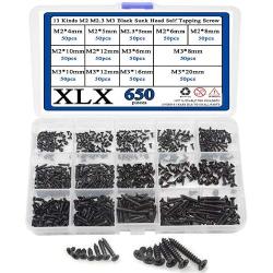 XLX 650PCS 13 Kinds M2 M2.3 M3 Black Sunk Head Self Tapping Screw Black Oxide Stainless Flat Cross Recessed Pan Head Screw Assortment Kit