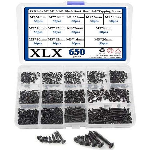 XLX 650PCS 13 Kinds M2 M2.3 M3 Black Sunk Head Self Tapping Screw Black Oxide Stainless Flat Cross Recessed Pan Head Screw Assortment Kit