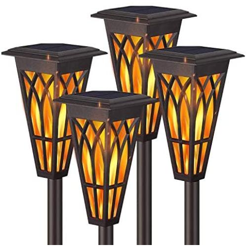 Solar Torch Lights – Solar Flame Torch Lights Outdoor 4 Pack 2 Modes Always-On/Flickering Flame Matte Lampshade Auto On/Off Pathway Lights Solar Powered Stainless Steel IP65 Waterproof Path/Beach/Yard