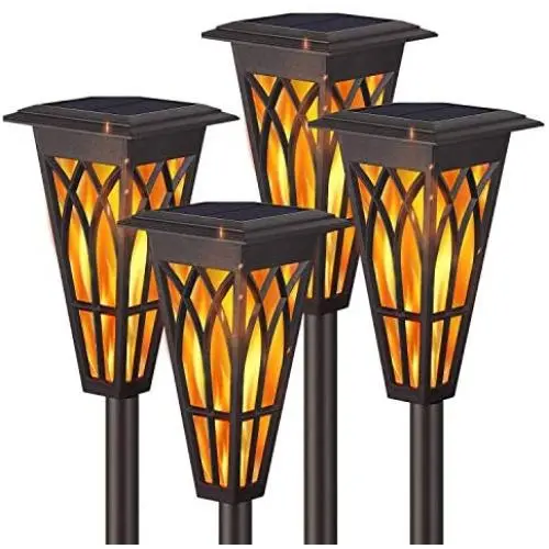 Solar Torch Lights – Solar Flame Torch Lights Outdoor 4 Pack 2 Modes Always-On/Flickering Flame Matte Lampshade Auto On/Off Pathway Lights Solar Powered Stainless Steel IP65 Waterproof Path/Beach/Yard