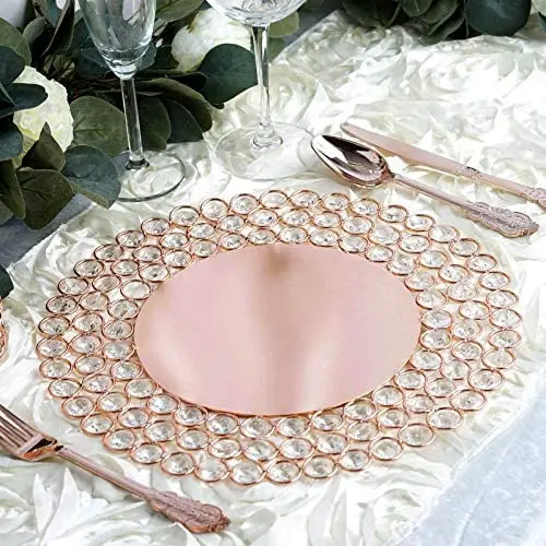 Efavormart 14'' Rose Gold Wired Metal Charger Plate With 118 Acrylic Crystal Beads For Weddings Events Efavormart 14'' Rose Gold Wired Metal Charger Plate With 118 Acrylic Crystal Beads For Weddings Events