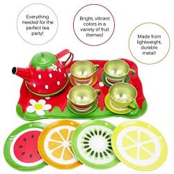 Liberty Imports Kids Fruit Themed Tin Tea Party Toy Set - Metal Teapot and Cups for Childrens Kitchen Pretend Play (14 Pieces)