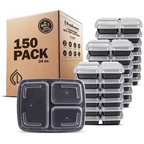 Freshware Meal Prep Containers [150 Pack] 3 Compartment with Lids, Food Storage Containers, Bento Box, BPA Free, Stackable, Microwave/Dishwasher/Freezer Safe (24 oz)