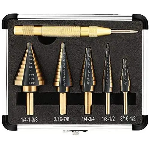 COMOWARE Step Drill Bit Set & Automatic Center Punch- Black and Gold, Double Cutting Blades, High Speed Steel, Short Length Drill Bits Set of 5 pcs, Total 50 Sizes with Aluminum Case COMOWARE Step Drill Bit Set & Automatic Center Punch- Black and Gold, Double Cutting Blades, High Speed Steel, Short Length Drill Bits Set of 5 pcs, Total 50 Sizes with Aluminum Case