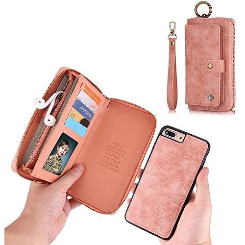 JAZ iPhone 8 / 7 Wallet Case - Zipper Purse Detachable Magnetic 14 Card Slots Wristlets Leather Wallet Case for Apple iPhone 8 / 7 / 6 / 6S