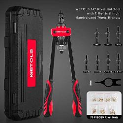 WETOLS 14'' Rivet Nut Tool, Hand Rivet Nut Tool with 7 Metric & Inch Mandrels M6 M8 M10, 1/4-20, 5/16-18, 3/8-16, 70pcs Rivnuts and Blow Carry Case - WE882