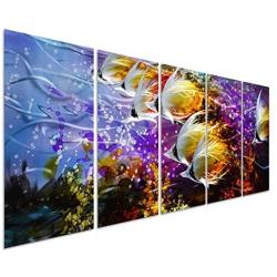 Colorful Tropical School of Fish Metal Wall Art Painting, Large Metal Wall Decor in Tropical Ocean Design, 3D Wall Art for Modern and Contemporary Décor, 5-Panels 24''x 64'', Perfect for Home