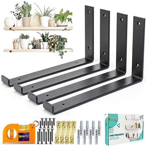 ORBETO L Shape Shelf Brackets 11.25 inch with Lip - Set of 4 Heavy Duty Metal for DIY Floating Shelves in Rustic Industrial Farmhouse Style - Hardware Included - Plus Magnetic Pocket Level - Black