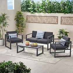 GDF Studio Nealie Patio Furniture ~ 4 Piece Outdoor Aluminum Chat Set (Dark Grey)