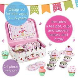 Lucy Locket Fairy Tale Metal Tea Set & Carry Case Toy (14 Piece Pink Tea Set for Children)