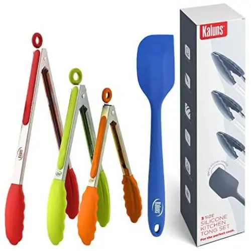 Kaluns Kitchen Tongs for Cooking, Non Stick Silicone Tip Stainless Steel Tongs, Set of Four 7,9, and 12 Inch Tong Plus Silicone Spatula Non-stick, Heat Resistant Serving Utensils Kaluns Kitchen Tongs for Cooking, Non Stick Silicone Tip Stainless Steel Tongs, Set of Four 7,9, and 12 Inch Tong Plus Silicone Spatula Non-stick, Heat Resistant Serving Utensils