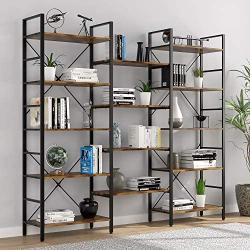 oneinmil Triple Wide 5-Shelf Bookcase Industrial Vintage Wood Style Large Open Bookshelves for Home&Office