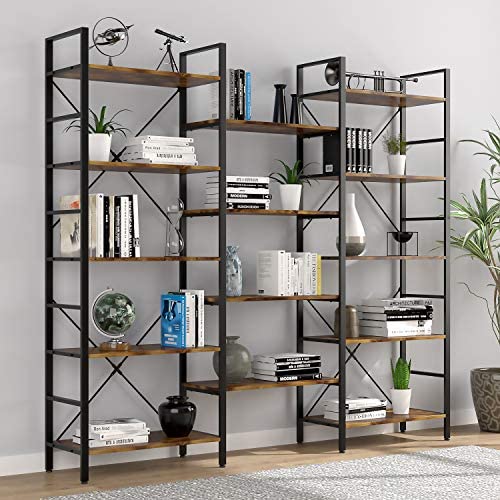 oneinmil Triple Wide 5-Shelf Bookcase Industrial Vintage Wood Style Large Open Bookshelves for Home&Office