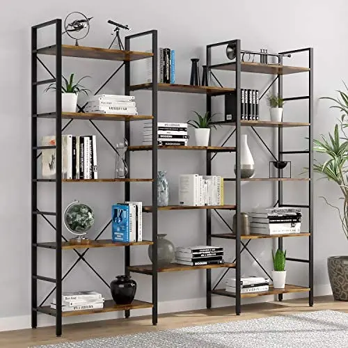 oneinmil Triple Wide 5-Shelf Bookcase Industrial Vintage Wood Style Large Open Bookshelves for Home&Office