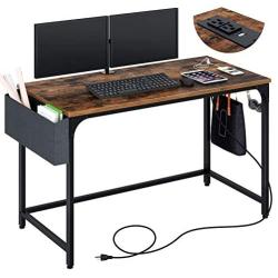 Rolanstar Computer Desk with Power Outlet, Home Office Writing Desk 47'', Study Table with Side Storage Bag and Iron Hooks, Workstation, Modern Simple Style, Stable Metal Frame CPT002-YW120-RR