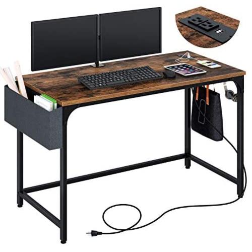 Rolanstar Computer Desk with Power Outlet, Home Office Writing Desk 47'', Study Table with Side Storage Bag and Iron Hooks, Workstation, Modern Simple Style, Stable Metal Frame CPT002-YW120-RR