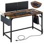 Rolanstar Computer Desk with Power Outlet, Home Office Writing Desk 47'', Study Table with Side Storage Bag and Iron Hooks, Workstation, Modern Simple Style, Stable Metal Frame CPT002-YW120-RR