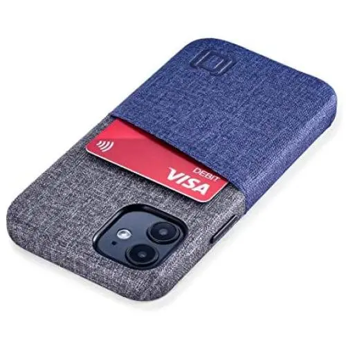 Dockem Wallet Case for iPhone 12 Mini: Built-in Metal Plate for Magnetic Mounting & 1 Credit Card Holder Slot: 5.4'' Luxe M2, Canvas Style Synthetic Leather (Blue and Grey)