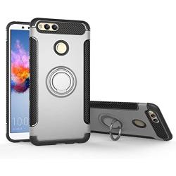 Orzero TPU + PC Hybrid Dual Layer Case Compatible for Huawei Honor 7X, Huawei Mate SE Full Body Heavy Duty Protection 360 Rotating Metal Ring (Adsorbed Iron Plate) (Huawei Honor 7X Not Included)-Grey