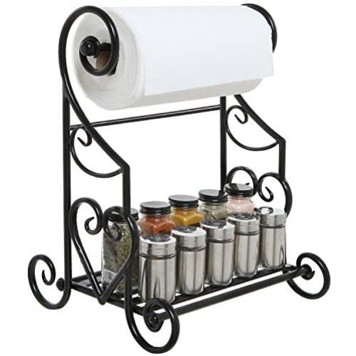 MyGift Freestanding Heart Scrollwork Black Metal Kitchen Countertop Paper Towel Holder Stand with Spice/Condiment Shelf Rack