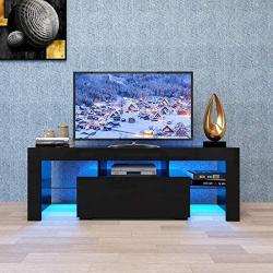 HomVent Modern TV Stand, Glossy TV Stand with Blue LED Light, Television Stand Media Storage Console Cabinet with Shelves & Drawer Entertainment Center for Living Room Bedroom Black