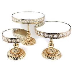 Allgala 3 Piece Set Crystal Gold Plated Cheese Dessert Cupcake Cake Stand with Mirror Plate-Gold Round with Bases-HD89201