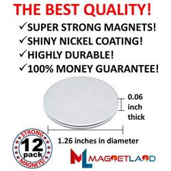 Strong Magnets Rare Earth Neodymium: N52 Disc Super Permanent Metal Round, 1.26''DX0.06''H, Powerful Pull Force, 12 Piece | Heavy Duty, Fridge Door, Garage, Kitchen, Science, Craft, Art, Office, Therapy