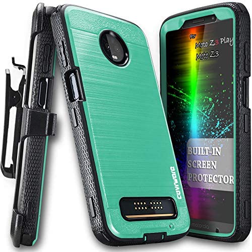 COVRWARE Iron Tank Case for Moto Z3 Play/Moto Z3 with Built-in [Screen Protector] Heavy Duty Full-Body Rugged Holster Armor Case [Brushed Metal Texture Design][Belt Swivel Clip][Kickstand], Teal