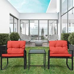 Pyramid Home Decor 3-Piece Rocking Bistro Set - Durable & Stylish Synthetic Wicker Outdoor Furniture - Glass Coffee Table with 2 Chairs for Balcony, Patio & Porch - Black Metal, Soft Red Cushions