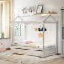 House Bed Daybed Twin Size Bed Frame with Trundle and Roof, Twin Trundle Daybed for Kids, No Box Spring Needed (White (Trundle House Daybed))
