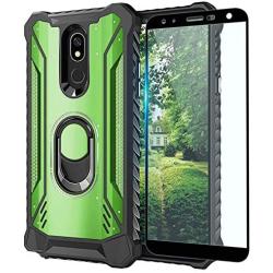 TJS Phone Case Compatible with LG K40/K12 Plus/X4/Solo LTE/Harmony 3/Xpression Plus 2 [Full Coverage Tempered Glass Screen Protector] Aluminum Ring Magnetic Support Built-in Metal Plate Back (Green)