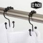 2lbDepot Double Shower Curtain Hooks Rings (Matte Black Decorative Finish) Premium Rust Resistant Stainless Steel Metal Hook, Roller Balls Glide on Shower Rods, Set of 12